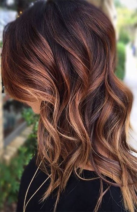 auburn and caramel highlights in dark brown hair