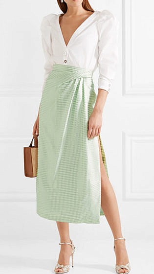 CAROLINA HERRERA Gathered gingham silk-satin jacquard midi skirt