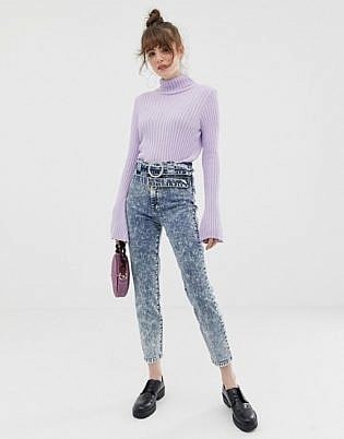 Asos Design Farleigh Slim Mom Jeans With Diamonte Double Belt Detail In Acid Wash
