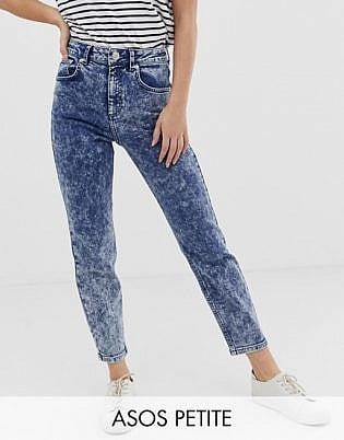 Asos Design Petite Recycled Farleigh High Waist Slim Mom Jeans In Bright Blue Grainy Acid Wash