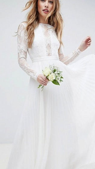 Asos Edition Long Sleeve Lace Bodice Maxi Wedding Dress With Pleated Skirt