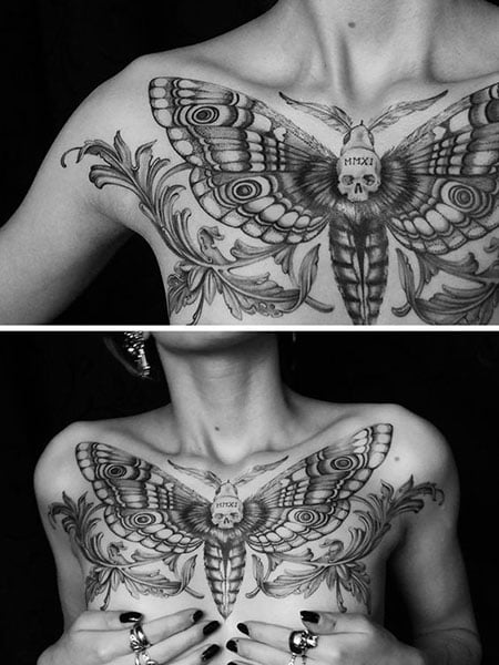 Fine line butterfly tattoo on the chest