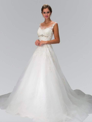 Elizabeth K Bridal Gl1355 Cap Sleeve Floral Appliqued Tulle Wedding Dress