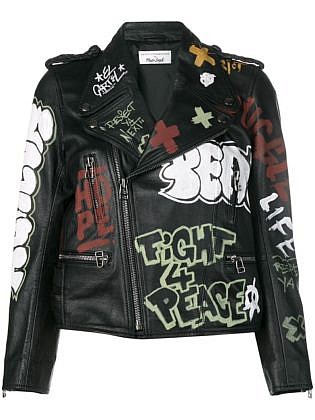 Faith Connexion Graffiti Print Biker Jacket Black