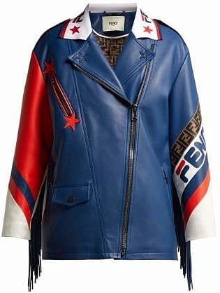 Fendi Mania Logo Trimmed Leather Biker Jacket Womens Blue Multi