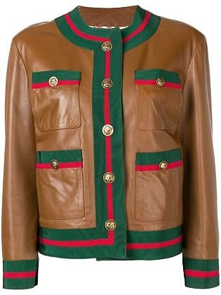 Gucci Web Trim Leather Jacket Brown