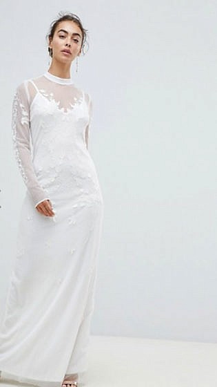 Hope & Ivy Dotty Mesh Maxi Bridal Dress With Embroidery And High Neck Detail
