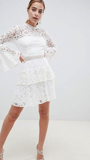 John Zack Petite Allover Lace Mini Dress With Crochet Waist Trim
