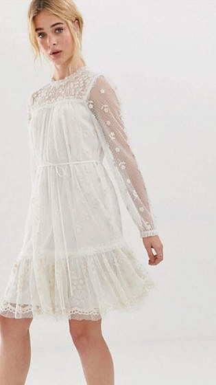 Needle & Thread Embroidered Midi Smock Dress With Tie Waist In Ivory