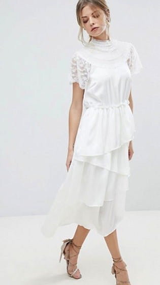 Y.a.s High Neck Lace Midi Dress With Asymetric Hem