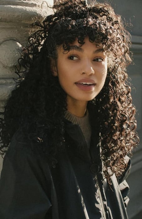 Image of Blunt bangs with long curly hair