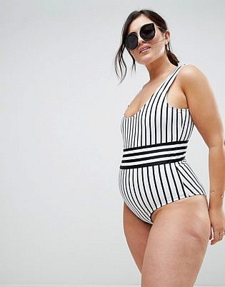 Asos Design Curve Recycled Contrast Mono Stripe Swimsuit