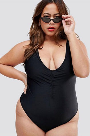 Asos Design Curve V Front Ruched Detail Swimsuit In Black
