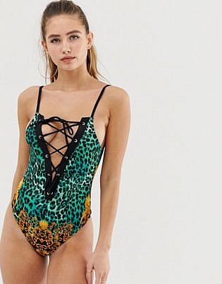 Asos Design Recycled Lace Up Plunge Swimsuit In Animal Baroque Print