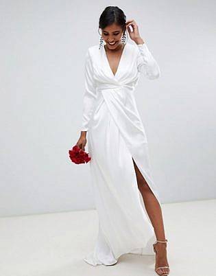 Asos Edition Pleated Plunge Wrap Wedding Dress In Satin