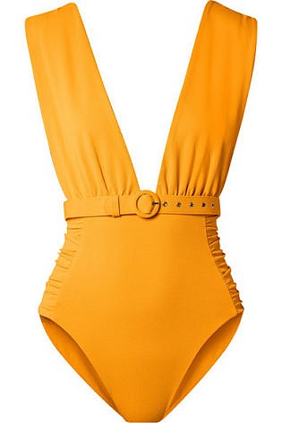 Belted Ruched Stretch Piqué Swimsuit