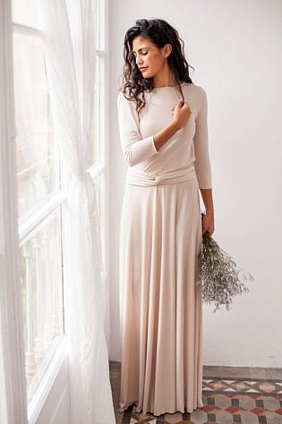Champagne Wedding Dress, Long Sleeve Wedding Dress, Romantic Beige Long Dress, Long Sleeve Wrap Dress