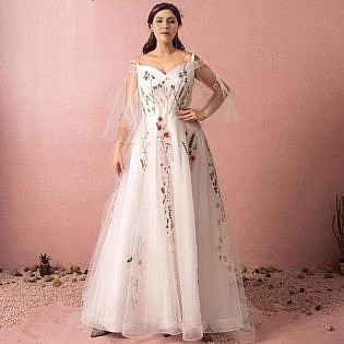Colorful Embroidery Butterfly Sleeve Wedding Dress