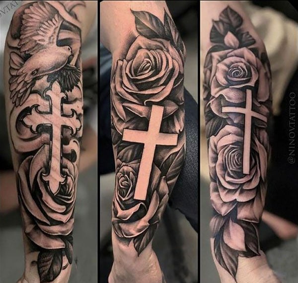 Tattoo uploaded by big lez mate  Full sleeve with negative space cross and  playing card signs Ace of spades Queen of hearts biblical  Tattoodo