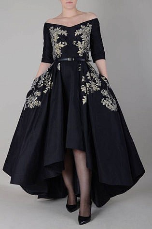 Evening Dress ; Hand Painted Silk Taffeta Gown ; High Low Dress With Off Shoulder Neckline An