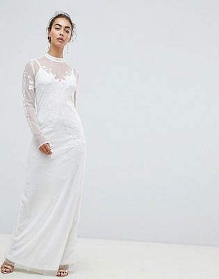 Hope & Ivy Dotty Mesh Maxi Bridal Dress With Embroidery And High Neck Detail