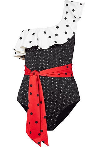 One Shoulder Ruffled Polka Dot Swimsuit