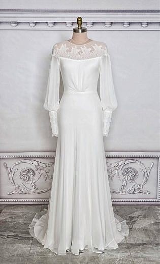 Silk Single Georgette Long Sleeve Wedding Gown With Shoulder Yoke: Vintage Wedding Dress: Romantic Dress