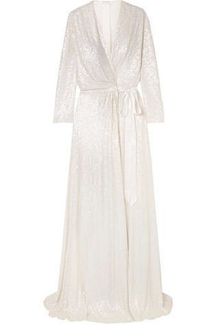 Sophia Satin Trimmed Sequined Silk Chiffon Wrap Gown