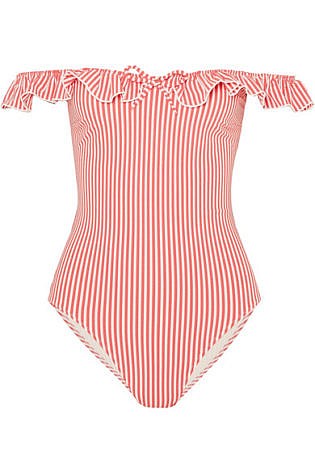 The Amelia Off The Shoulder Ruffle Trimmed Seersucker Swimsuit