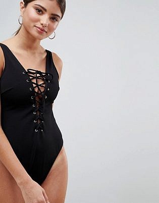 Wolf & Whistle Fuller Bust Exclusive Textured Rib Lace Up Swimsuit Dd G