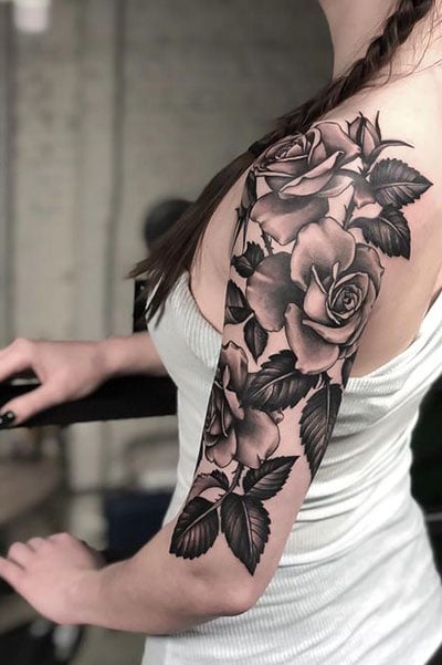 traditional rose sleeve tattoo