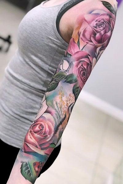 traditional rose sleeve tattoo