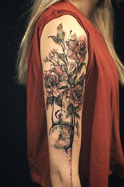 traditional rose sleeve tattoo