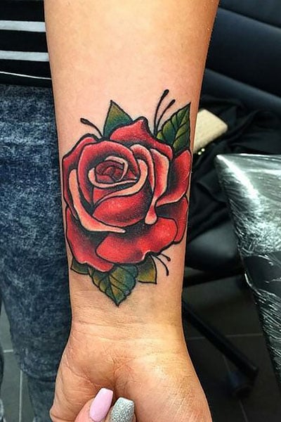 Red rose tattoo with green leaves  Tattoogridnet
