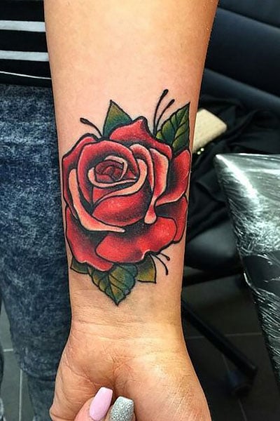 Red Realistic Rose Flower With Water Droplets Mens Leg Calf Tattoo With Black Ink Background Realistic Rose Tattoo Rose Tattoos For Men Red Ink Tattoos