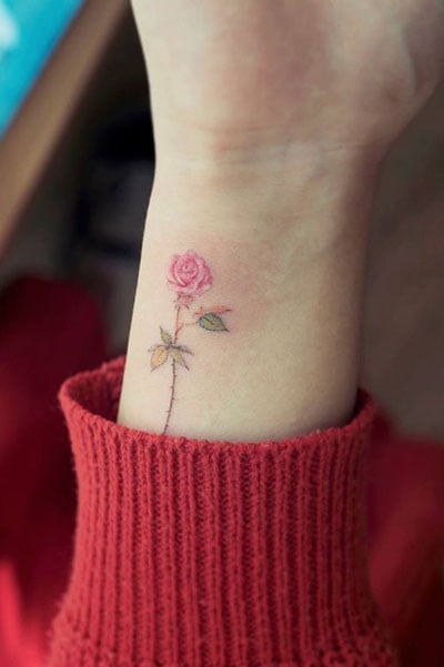 Tiny Simple Watercolor Single Rose Ankle Tattoo Ideas for Women   wwwMyBodiArtcom  Wrist tattoos for women Rose tattoo on ankle Delicate flower  tattoo