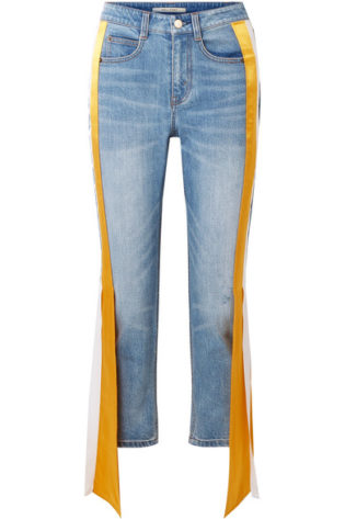 Carlton Silk Satin Trimmed Distressed High Rise Straight Leg Jeans