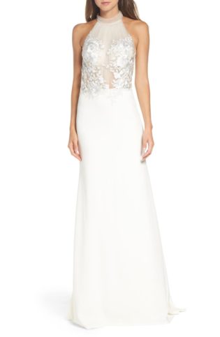 Embroidered Halter Trumpet Gown