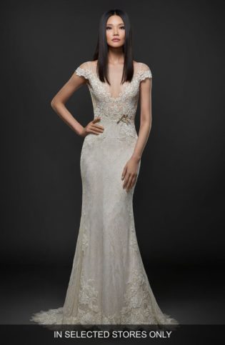 Embroidered Lace Cap Sleeve Gown