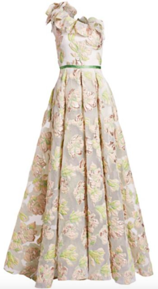 One Shoulder Floral Jacquard A Line Gown