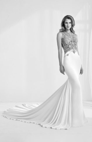 Ramir Jeweled Bodice Crepe Mermaid Gown
