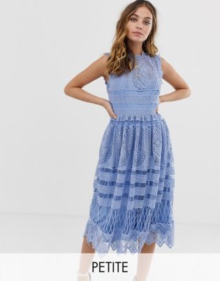 Boohoo Petite Exclusive Crochet Lace Midi Dress In Light Blue