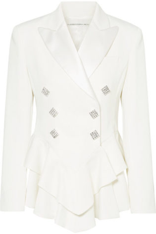 Crystal Embellished Satin Trimmed Wool Crepe Peplum Blazer