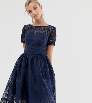 Chi Chi London Premium Lace Dress With Cutwork Detail And Cap Sleeve In Navy