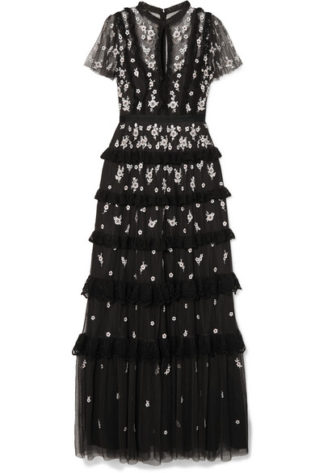 Lace Trimmed Ruffled Embroidered Tulle Gown
