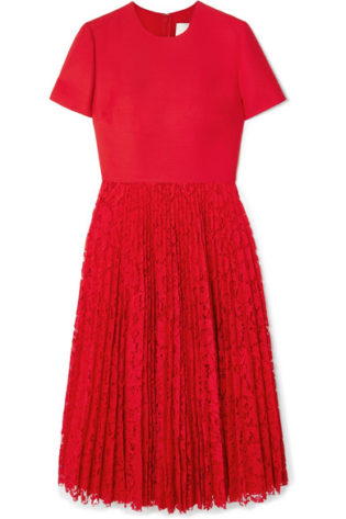 Pleated Lace And Crepe Midi Dress