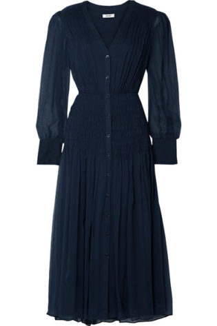 Shirred Crinkled Silk Chiffon Midi Dress