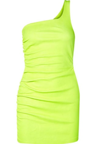 Sprwmn One Shoulder Ruched Neon Leather Mini Dress