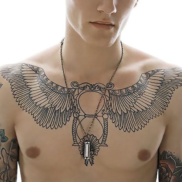 Heart cross sword and wings chest piece by Aaron Della Vedova TattooNOW