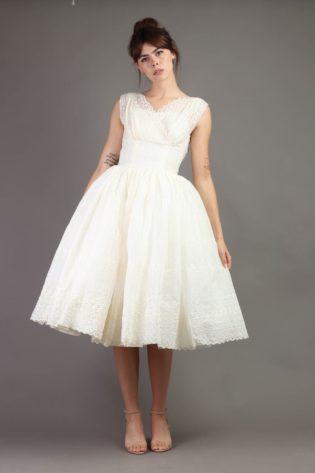 50s Eyelet Lace Cotton Tea Dress Xs : White Embroidered Fit And Flare New Look Bridal Wedding Gown